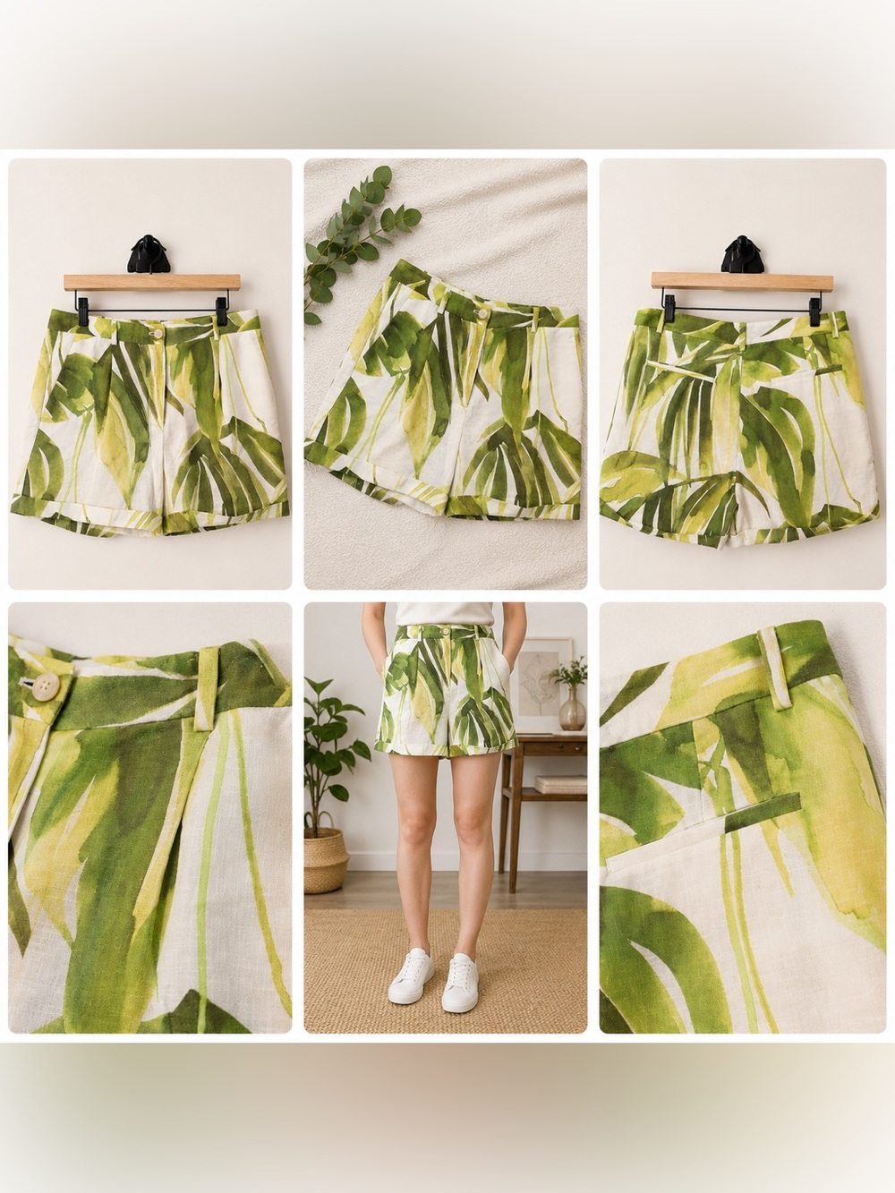 Massimo Dutti White and Green Leaf-Print High-Waist Shorts